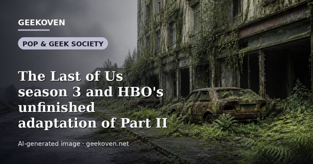 Illustration for the Pop & Geek Society article “The Last of Us season 3 and HBO's unfinished adaptation of Part II”: an AI-generated editorial illustration showing a stadium crowd seen from high above, lights arranged in coordinated patterns, with the headline set over it. Illustrative only, not a photograph of a real event.