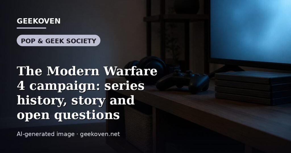 Illustration for the Pop & Geek Society article “The Modern Warfare 4 campaign: series history, story and open questions”: an AI-generated editorial illustration showing a studio workspace seen from above, with a production timeline across the wall, with the headline set over it. Illustrative only, not a photograph of a real event.