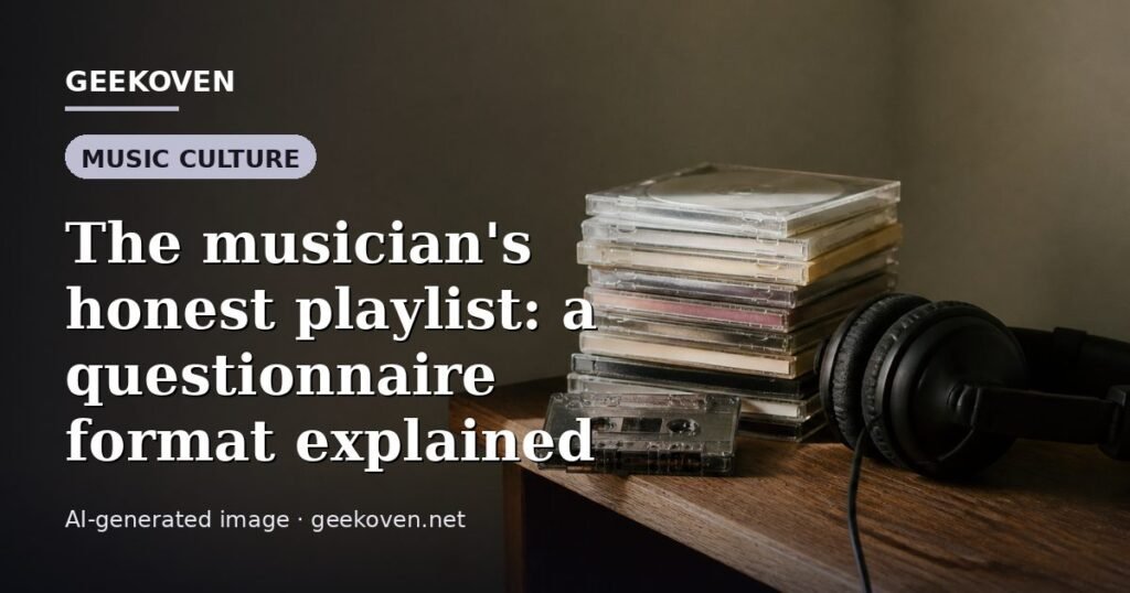 Illustration for the Music Culture article “The musician's honest playlist: a questionnaire format explained”: an AI-generated editorial illustration showing a scene illustrating the subject of the article, with the headline set over it. Illustrative only, not a photograph of a real event.
