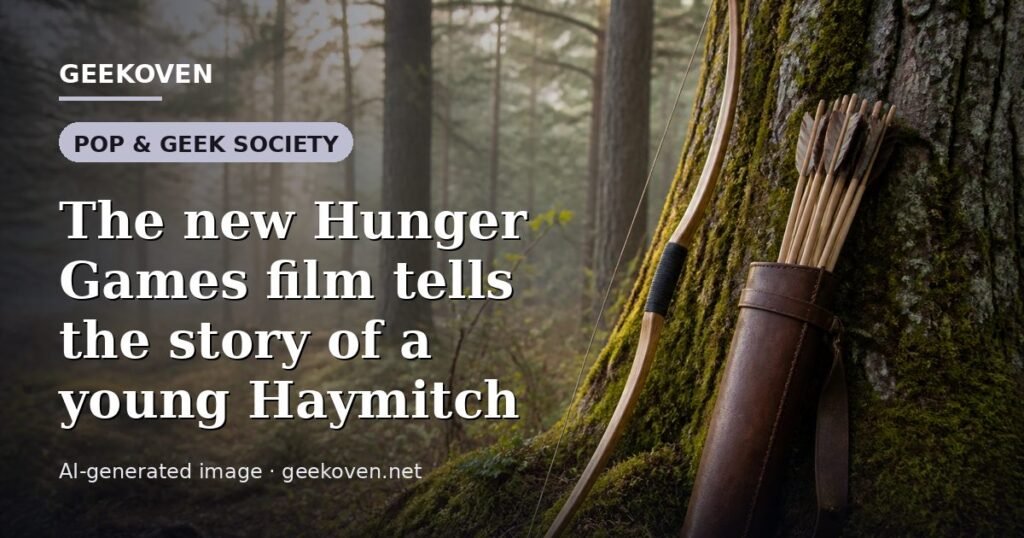 Illustration for the Pop & Geek Society article “The new Hunger Games film tells the story of a young Haymitch”: an AI-generated editorial illustration showing a stadium crowd seen from high above, lights arranged in coordinated patterns, with the headline set over it. Illustrative only, not a photograph of a real event.