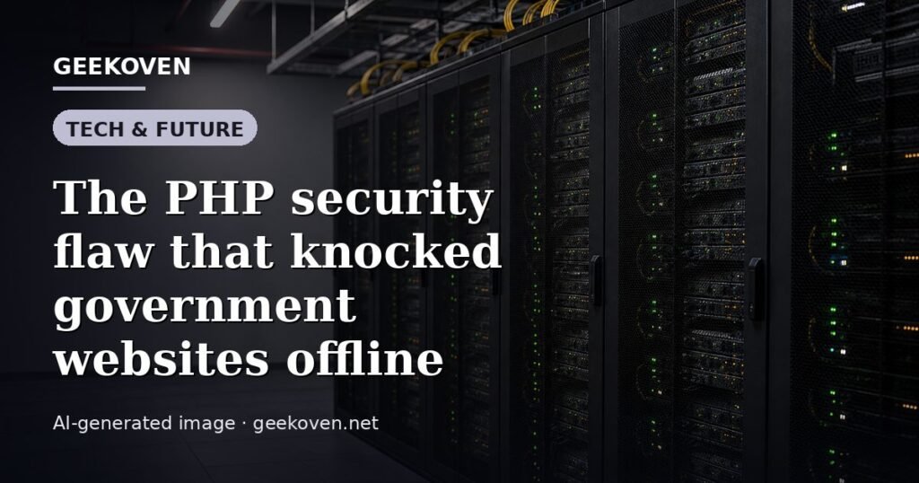 Illustration for the Tech & Future article “The PHP security flaw that knocked government websites offline”: an AI-generated editorial illustration showing a scene illustrating the subject of the article, with the headline set over it. Illustrative only, not a photograph of a real event.