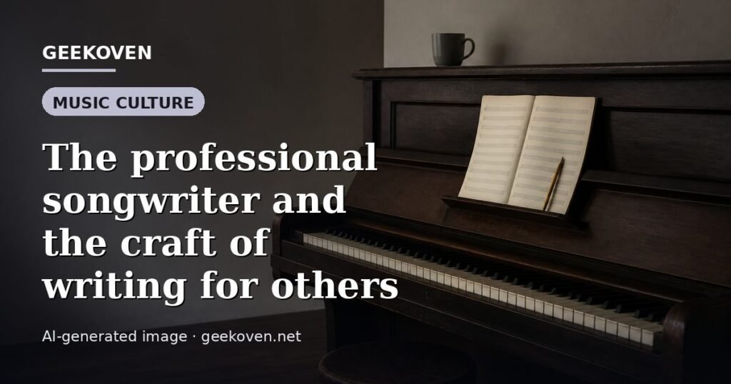 Illustration for the Music Culture article “The professional songwriter and the craft of writing for others”: an AI-generated editorial illustration showing a scene illustrating the subject of the article, with the headline set over it. Illustrative only, not a photograph of a real event.