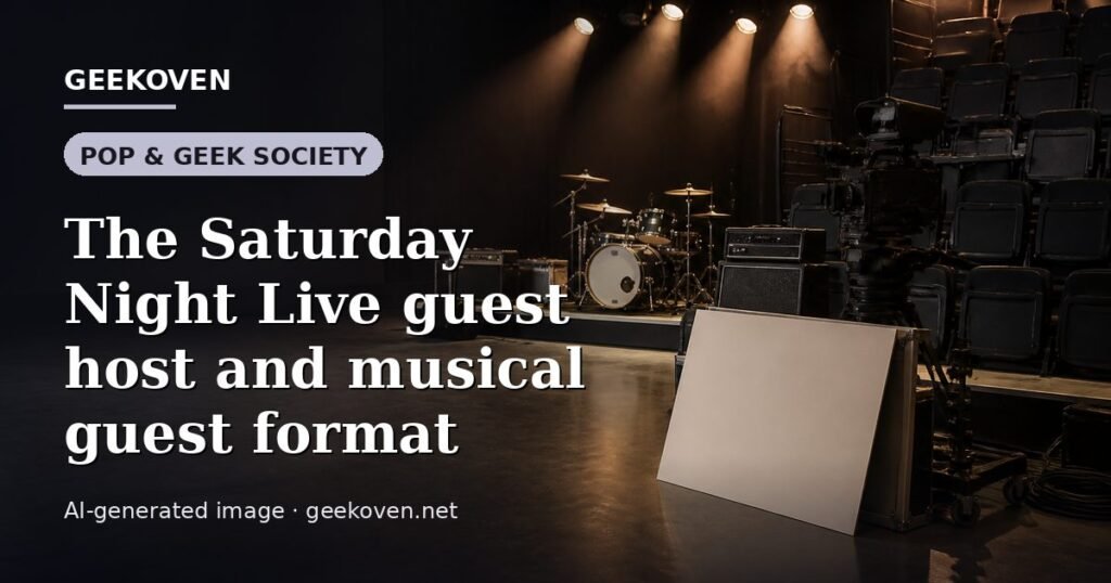 Illustration for the Pop & Geek Society article “The Saturday Night Live guest host and musical guest format”: an AI-generated editorial illustration showing a scene illustrating the subject of the article, with the headline set over it. Illustrative only, not a photograph of a real event.