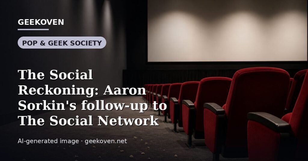 Illustration for the Pop & Geek Society article “The Social Reckoning: Aaron Sorkin's follow-up to The Social Network”: an AI-generated editorial illustration showing a scene illustrating the subject of the article, with the headline set over it. Illustrative only, not a photograph of a real event.