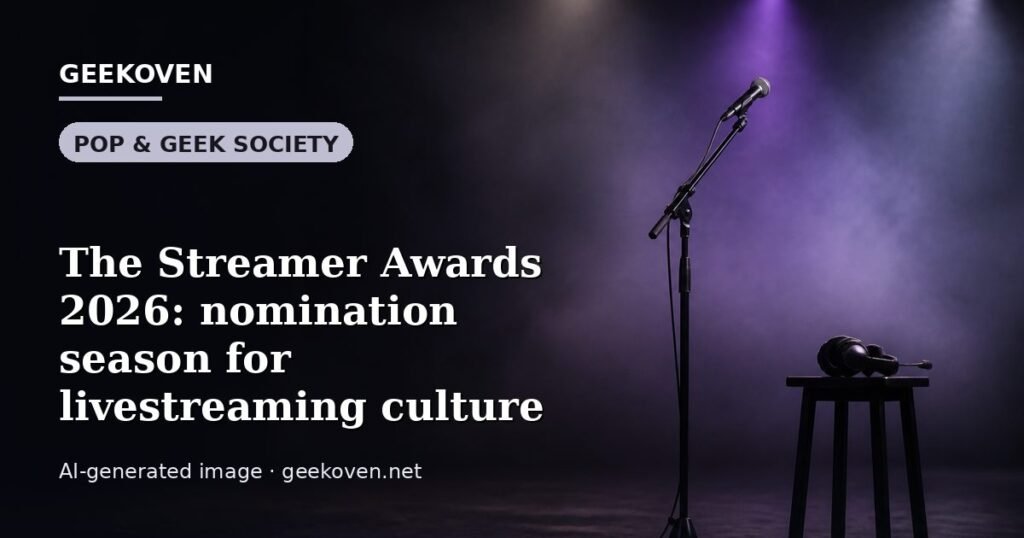 Illustration for the Pop & Geek Society article “The Streamer Awards 2026: nomination season for livestreaming culture”: an AI-generated editorial illustration showing a stadium crowd seen from high above, lights arranged in coordinated patterns, with the headline set over it. Illustrative only, not a photograph of a real event.