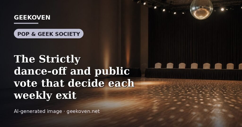 Illustration for the Pop & Geek Society article “The Strictly dance-off and public vote that decide each weekly exit”: an AI-generated editorial illustration showing a scene illustrating the subject of the article, with the headline set over it. Illustrative only, not a photograph of a real event.