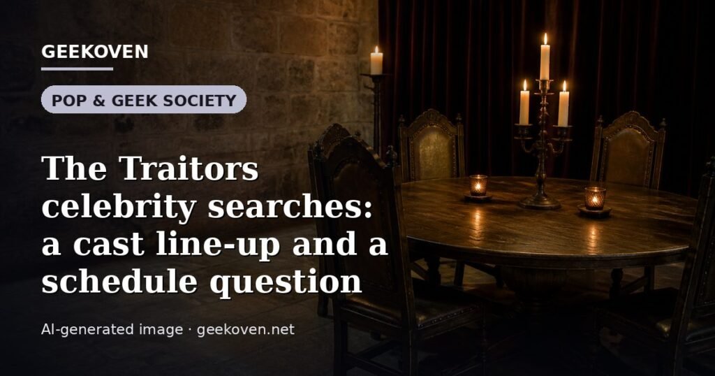Illustration for the Pop & Geek Society article “The Traitors celebrity searches: a cast line-up and a schedule question”: an AI-generated editorial illustration showing a scene illustrating the subject of the article, with the headline set over it. Illustrative only, not a photograph of a real event.