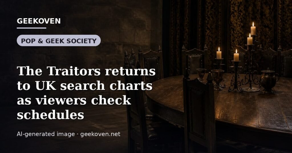 Illustration for the Pop & Geek Society article “The Traitors returns to UK search charts as viewers check schedules”: an AI-generated editorial illustration showing a scene illustrating the subject of the article, with the headline set over it. Illustrative only, not a photograph of a real event.