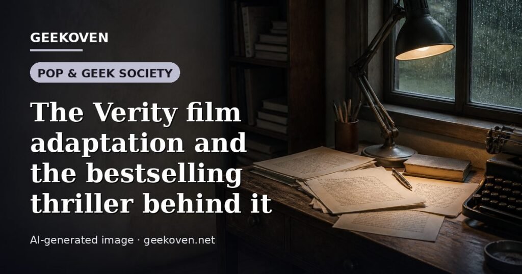 Illustration for the Pop & Geek Society article “The Verity film adaptation and the bestselling thriller behind it”: an AI-generated editorial illustration showing a stadium crowd seen from high above, lights arranged in coordinated patterns, with the headline set over it. Illustrative only, not a photograph of a real event.