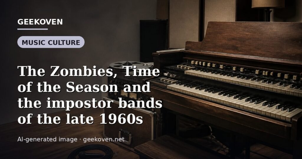 Illustration for the Music Culture article “The Zombies, Time of the Season and the impostor bands of the late 1960s”: an AI-generated editorial illustration showing a scene illustrating the subject of the article, with the headline set over it. Illustrative only, not a photograph of a real event.