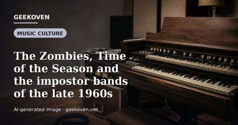 Illustration for the Music Culture article “The Zombies, Time of the Season and the impostor bands of the late 1960s”: an AI-generated editorial illustration showing a scene illustrating the subject of the article, with the headline set over it. Illustrative only, not a photograph of a real event.