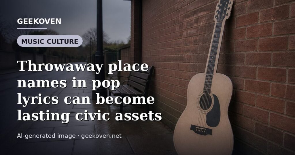 Illustration for the Music Culture article “Throwaway place names in pop lyrics can become lasting civic assets”: an AI-generated editorial illustration showing a stadium crowd seen from high above, lights arranged in coordinated patterns, with the headline set over it. Illustrative only, not a photograph of a real event.