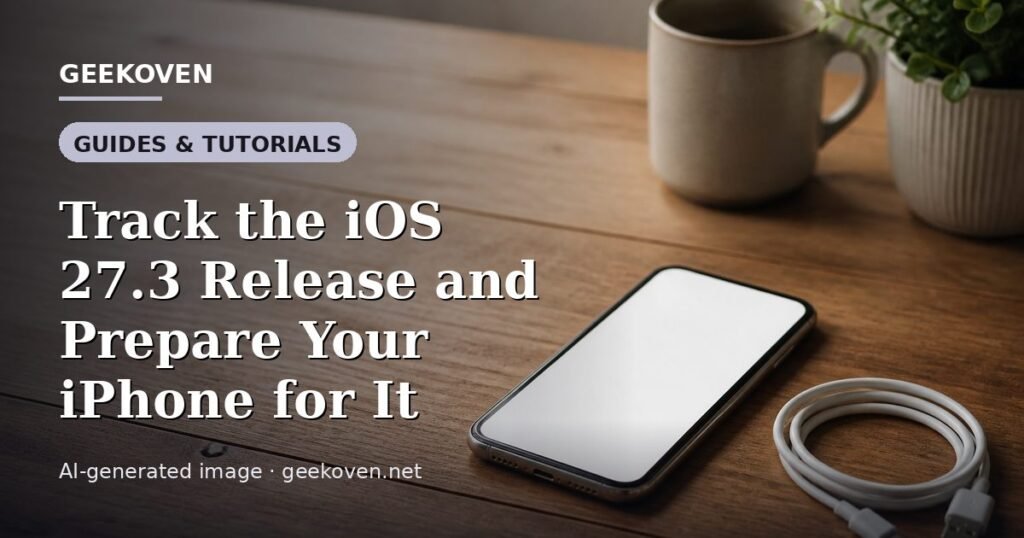 Illustration for the Guides & Tutorials article “Track the iOS 27.3 Release and Prepare Your iPhone for It”: an AI-generated editorial illustration showing a scene illustrating the subject of the article, with the headline set over it. Illustrative only, not a photograph of a real event.