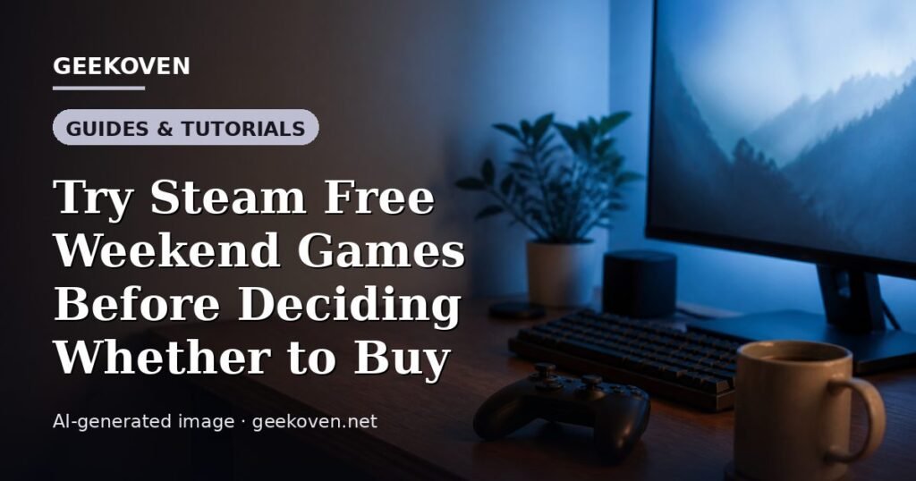 Illustration for the Guides & Tutorials article “Try Steam Free Weekend Games Before Deciding Whether to Buy”: an AI-generated editorial illustration showing a scene illustrating the subject of the article, with the headline set over it. Illustrative only, not a photograph of a real event.