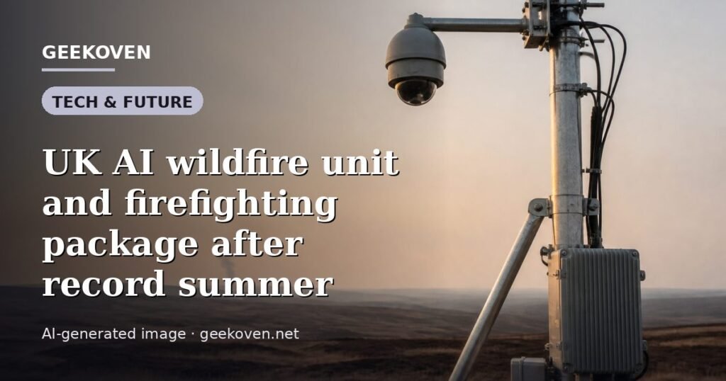 Illustration for the Tech & Future article “UK AI wildfire unit and firefighting package after record summer”: an AI-generated editorial illustration showing a scene illustrating the subject of the article, with the headline set over it. Illustrative only, not a photograph of a real event.