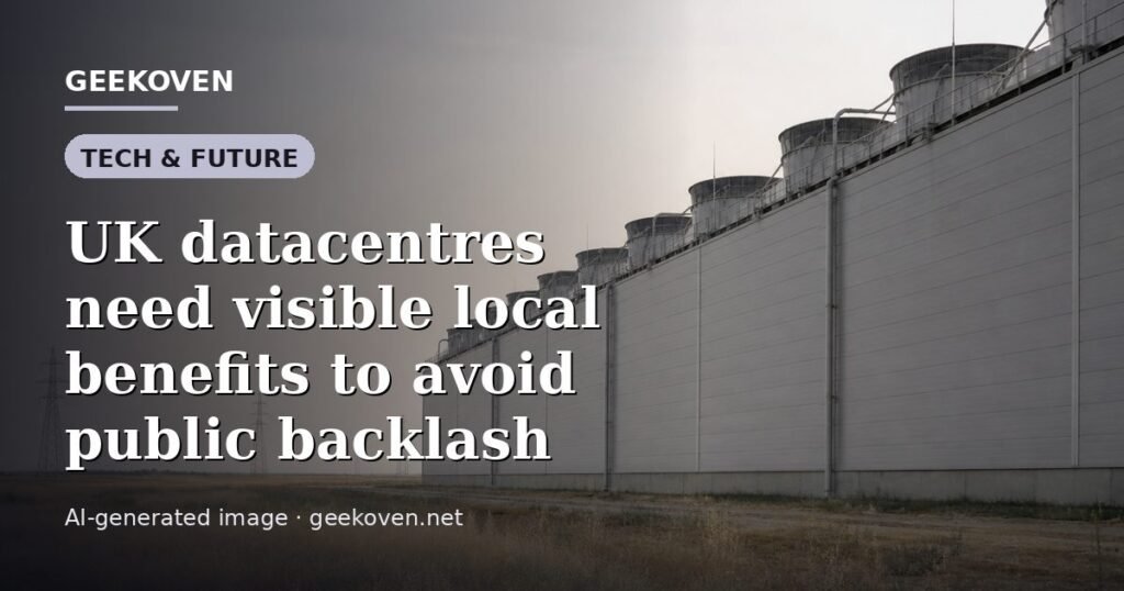 Illustration for the Tech & Future article “UK datacentres need visible local benefits to avoid public backlash”: an AI-generated editorial illustration showing a scene illustrating the subject of the article, with the headline set over it. Illustrative only, not a photograph of a real event.