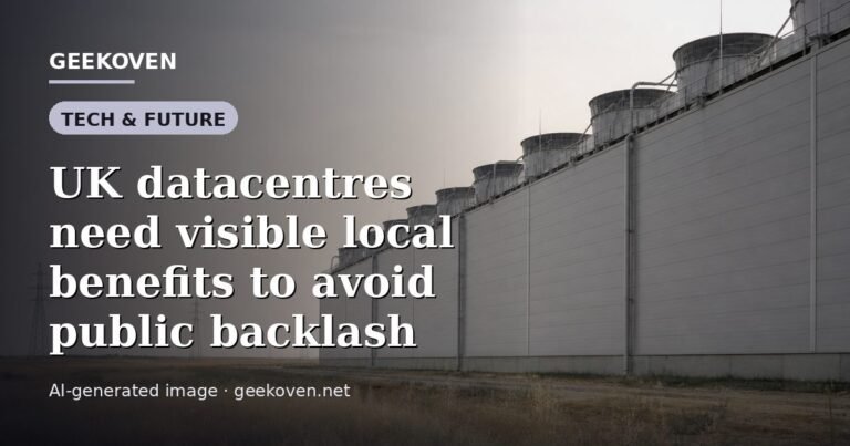 Illustration for the Tech & Future article “UK datacentres need visible local benefits to avoid public backlash”: an AI-generated editorial illustration showing a scene illustrating the subject of the article, with the headline set over it. Illustrative only, not a photograph of a real event.