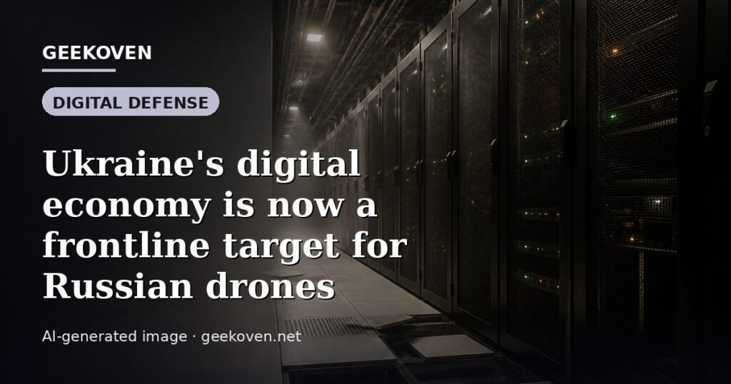 Illustration for the Digital Defense article “Ukraine's digital economy is now a frontline target for Russian drones”: an AI-generated editorial illustration showing a server hall with long rows of equipment cabinets and power infrastructure, with the headline set over it. Illustrative only, not a photograph of a real event.