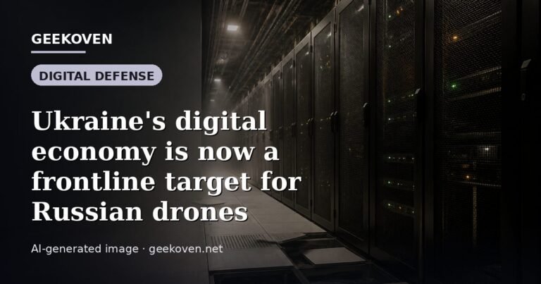 Illustration for the Digital Defense article “Ukraine's digital economy is now a frontline target for Russian drones”: an AI-generated editorial illustration showing a server hall with long rows of equipment cabinets and power infrastructure, with the headline set over it. Illustrative only, not a photograph of a real event.