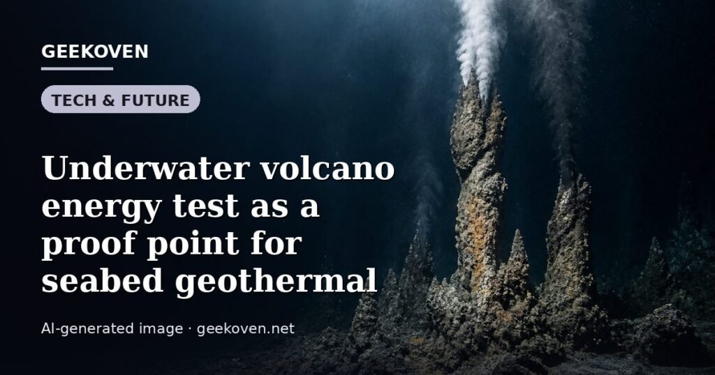Illustration for the Tech & Future article “Underwater volcano energy test as a proof point for seabed geothermal”: an AI-generated editorial illustration showing a scene illustrating the subject of the article, with the headline set over it. Illustrative only, not a photograph of a real event.