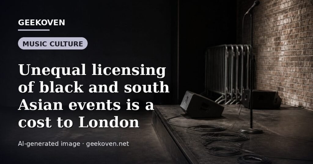 Illustration for the Music Culture article “Unequal licensing of black and south Asian events is a cost to London”: an AI-generated editorial illustration showing a scene illustrating the subject of the article, with the headline set over it. Illustrative only, not a photograph of a real event.