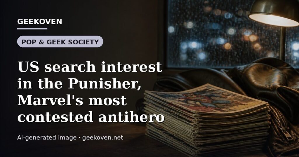Illustration for the Pop & Geek Society article “US search interest in the Punisher, Marvel's most contested antihero”: an AI-generated editorial illustration showing a stadium crowd seen from high above, lights arranged in coordinated patterns, with the headline set over it. Illustrative only, not a photograph of a real event.