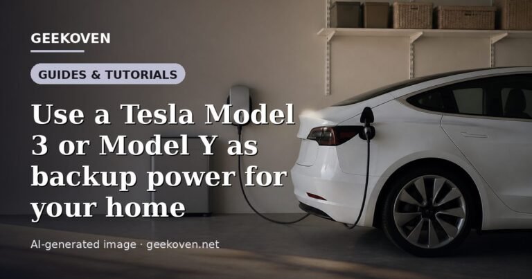 Illustration for the Guides & Tutorials article “Use a Tesla Model 3 or Model Y as backup power for your home”: an AI-generated editorial illustration showing a scene illustrating the subject of the article, with the headline set over it. Illustrative only, not a photograph of a real event.