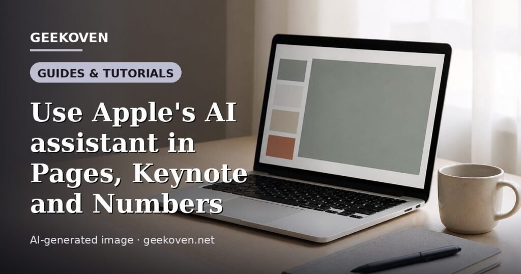 Illustration for the Guides & Tutorials article “Use Apple's AI assistant in Pages, Keynote and Numbers”: an AI-generated editorial illustration showing a scene illustrating the subject of the article, with the headline set over it. Illustrative only, not a photograph of a real event.