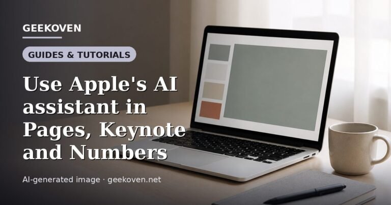 Illustration for the Guides & Tutorials article “Use Apple's AI assistant in Pages, Keynote and Numbers”: an AI-generated editorial illustration showing a scene illustrating the subject of the article, with the headline set over it. Illustrative only, not a photograph of a real event.