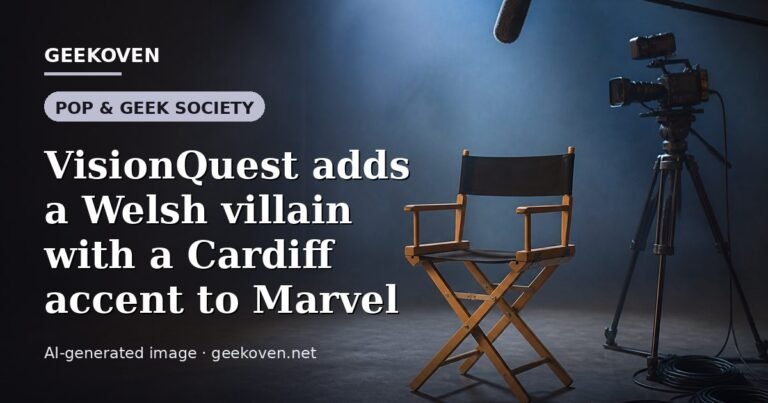 Illustration for the Pop & Geek Society article “VisionQuest adds a Welsh villain with a Cardiff accent to Marvel”: an AI-generated editorial illustration showing a scene illustrating the subject of the article, with the headline set over it. Illustrative only, not a photograph of a real event.