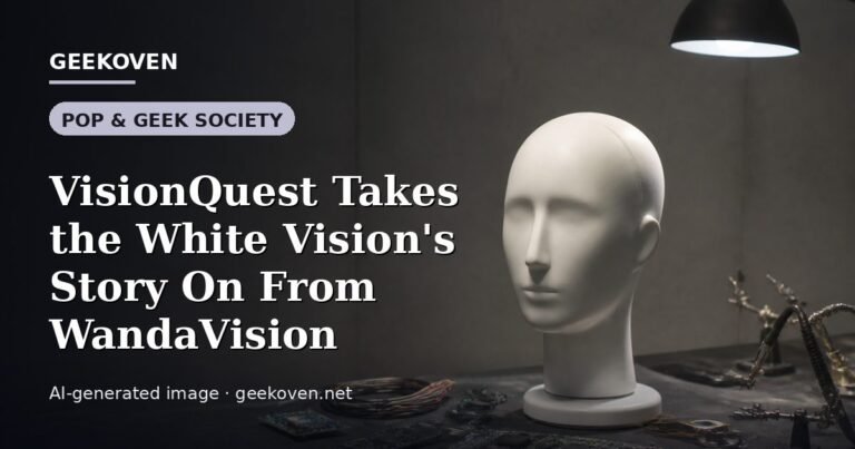 Illustration for the Pop & Geek Society article “VisionQuest Takes the White Vision's Story On From WandaVision”: an AI-generated editorial illustration showing a stadium crowd seen from high above, lights arranged in coordinated patterns, with the headline set over it. Illustrative only, not a photograph of a real event.
