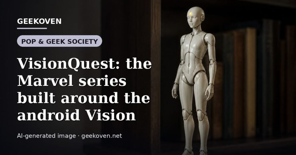 Illustration for the Pop & Geek Society article “VisionQuest: the Marvel series built around the android Vision”: an AI-generated editorial illustration showing a stadium crowd seen from high above, lights arranged in coordinated patterns, with the headline set over it. Illustrative only, not a photograph of a real event.