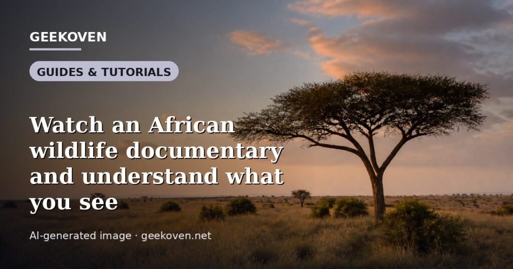 Illustration for the Guides & Tutorials article “Watch an African wildlife documentary and understand what you see”: an AI-generated editorial illustration showing a scene illustrating the subject of the article, with the headline set over it. Illustrative only, not a photograph of a real event.
