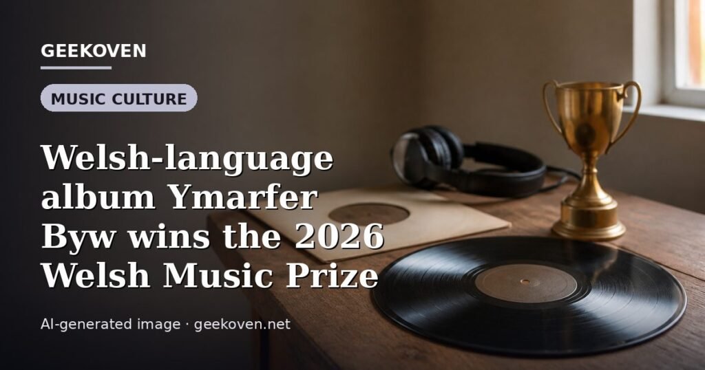 Illustration for the Music Culture article “Welsh-language album Ymarfer Byw wins the 2026 Welsh Music Prize”: an AI-generated editorial illustration showing a scene illustrating the subject of the article, with the headline set over it. Illustrative only, not a photograph of a real event.
