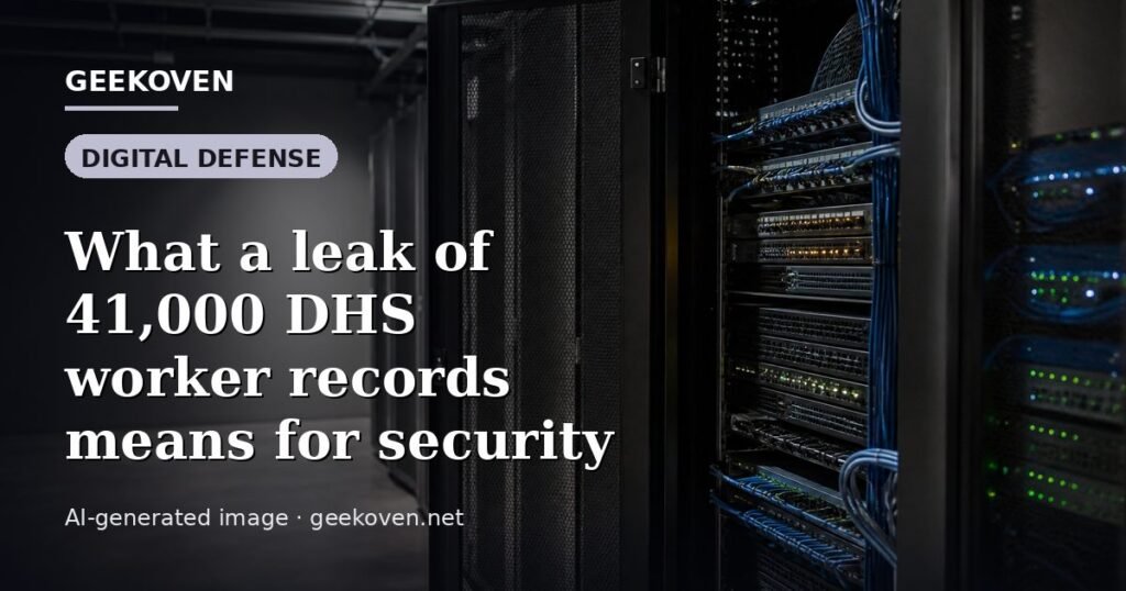 Illustration for the Digital Defense article “What a leak of 41,000 DHS worker records means for security”: an AI-generated editorial illustration showing a scene illustrating the subject of the article, with the headline set over it. Illustrative only, not a photograph of a real event.