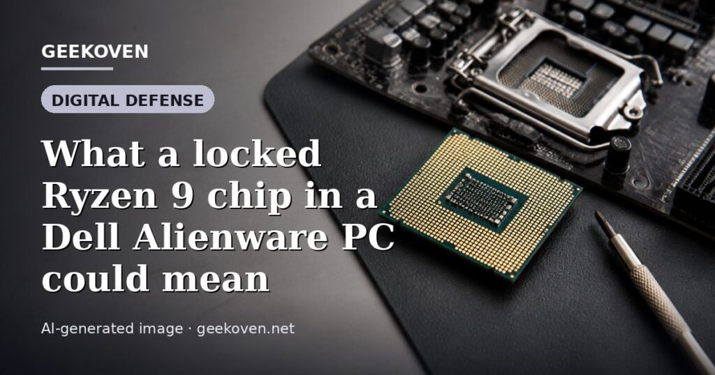 Illustration for the Digital Defense article “What a locked Ryzen 9 chip in a Dell Alienware PC could mean”: an AI-generated editorial illustration showing a scene illustrating the subject of the article, with the headline set over it. Illustrative only, not a photograph of a real event.