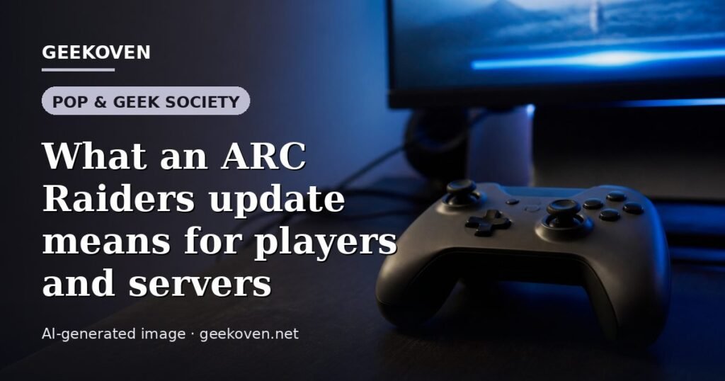Illustration for the Pop & Geek Society article “What an ARC Raiders update means for players and servers”: an AI-generated editorial illustration showing a studio workspace seen from above, with a production timeline across the wall, with the headline set over it. Illustrative only, not a photograph of a real event.