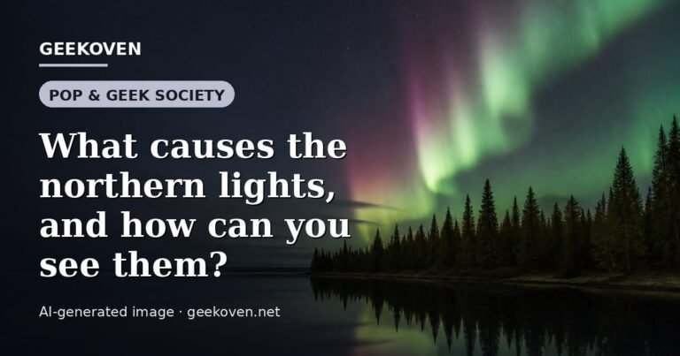 Illustration for the Pop & Geek Society article “What causes the northern lights, and how can you see them?”: an AI-generated editorial illustration showing a scene illustrating the subject of the article, with the headline set over it. Illustrative only, not a photograph of a real event.