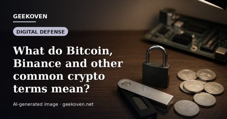 Illustration for the Digital Defense article “What do Bitcoin, Binance and other common crypto terms mean?”: an AI-generated editorial illustration showing a scene illustrating the subject of the article, with the headline set over it. Illustrative only, not a photograph of a real event.