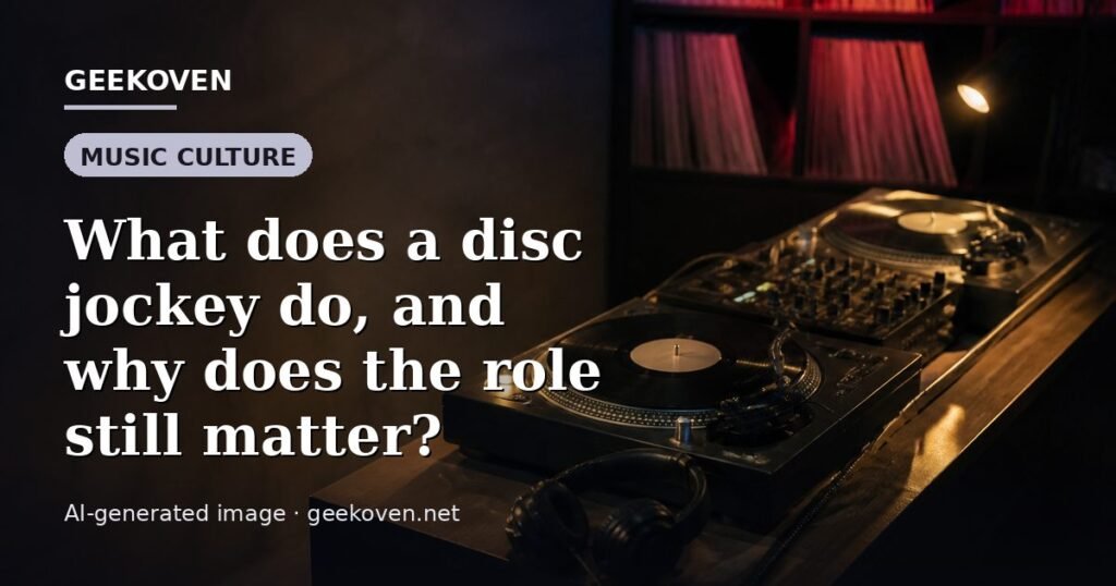 Illustration for the Music Culture article “What does a disc jockey do, and why does the role still matter?”: an AI-generated editorial illustration showing a scene illustrating the subject of the article, with the headline set over it. Illustrative only, not a photograph of a real event.