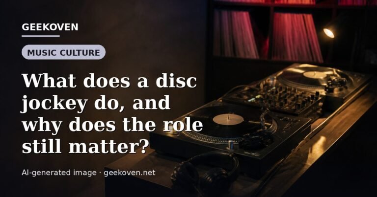 Illustration for the Music Culture article “What does a disc jockey do, and why does the role still matter?”: an AI-generated editorial illustration showing a scene illustrating the subject of the article, with the headline set over it. Illustrative only, not a photograph of a real event.