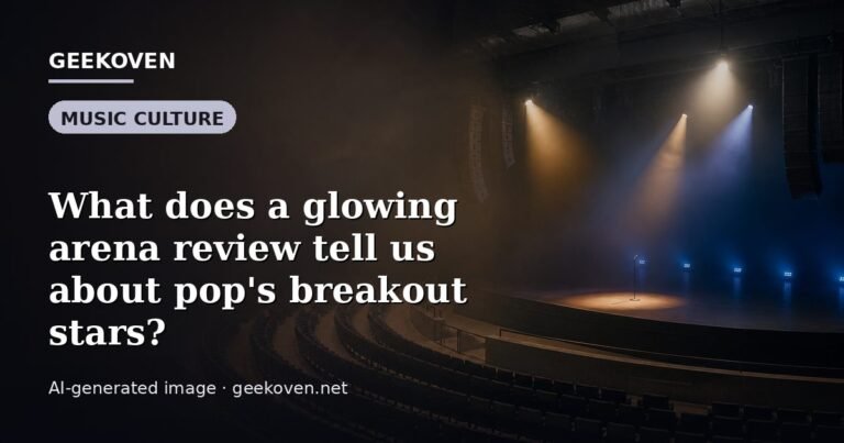 Illustration for the Music Culture article “What does a glowing arena review tell us about pop's breakout stars?”: an AI-generated editorial illustration showing a stadium crowd seen from high above, lights arranged in coordinated patterns, with the headline set over it. Illustrative only, not a photograph of a real event.