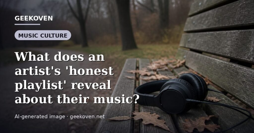 Illustration for the Music Culture article “What does an artist's 'honest playlist' reveal about their music?”: an AI-generated editorial illustration showing a scene illustrating the subject of the article, with the headline set over it. Illustrative only, not a photograph of a real event.