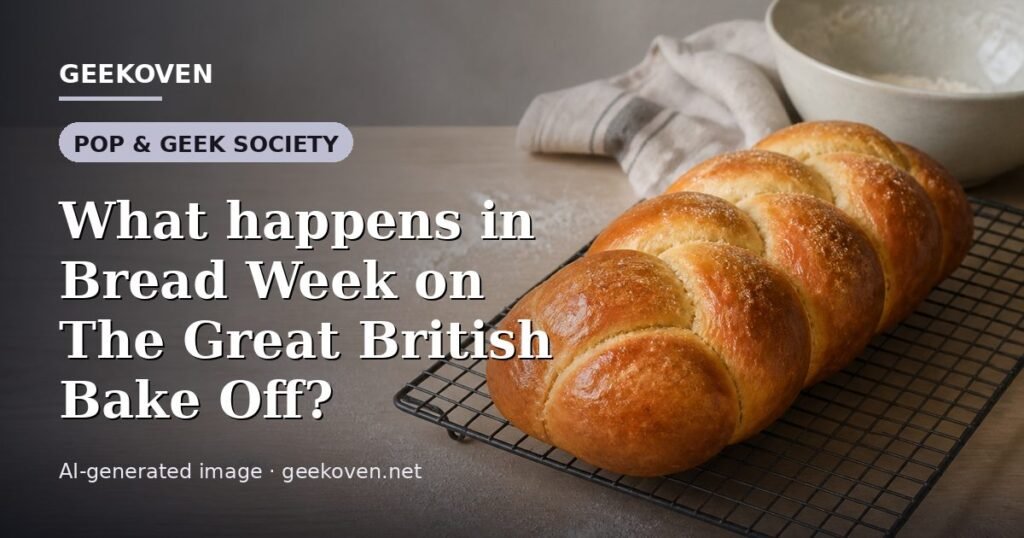 Illustration for the Pop & Geek Society article “What happens in Bread Week on The Great British Bake Off?”: an AI-generated editorial illustration showing a scene illustrating the subject of the article, with the headline set over it. Illustrative only, not a photograph of a real event.