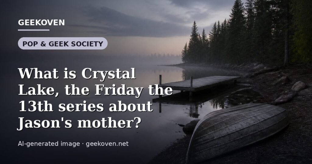 Illustration for the Pop & Geek Society article “What is Crystal Lake, the Friday the 13th series about Jason's mother?”: an AI-generated editorial illustration showing a stadium crowd seen from high above, lights arranged in coordinated patterns, with the headline set over it. Illustrative only, not a photograph of a real event.