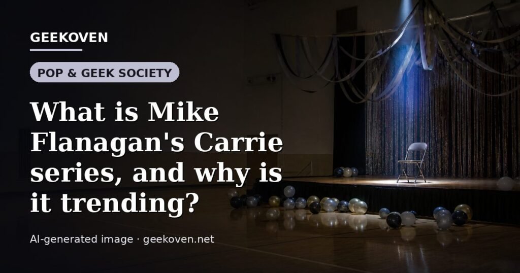 Illustration for the Pop & Geek Society article “What is Mike Flanagan's Carrie series, and why is it trending?”: an AI-generated editorial illustration showing a stadium crowd seen from high above, lights arranged in coordinated patterns, with the headline set over it. Illustrative only, not a photograph of a real event.