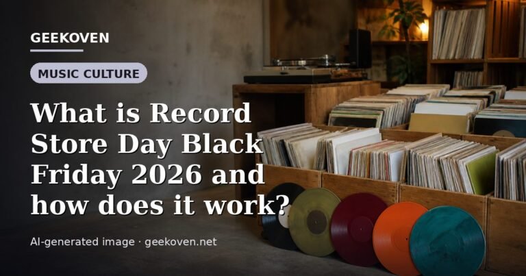 Illustration for the Music Culture article “What is Record Store Day Black Friday 2026 and how does it work?”: an AI-generated editorial illustration showing a scene illustrating the subject of the article, with the headline set over it. Illustrative only, not a photograph of a real event.