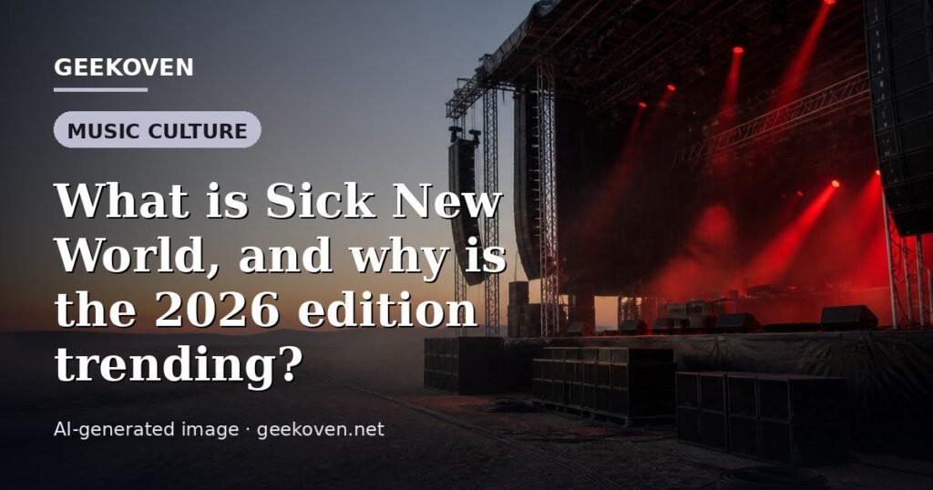 Illustration for the Music Culture article “What is Sick New World, and why is the 2026 edition trending?”: an AI-generated editorial illustration showing a scene illustrating the subject of the article, with the headline set over it. Illustrative only, not a photograph of a real event.
