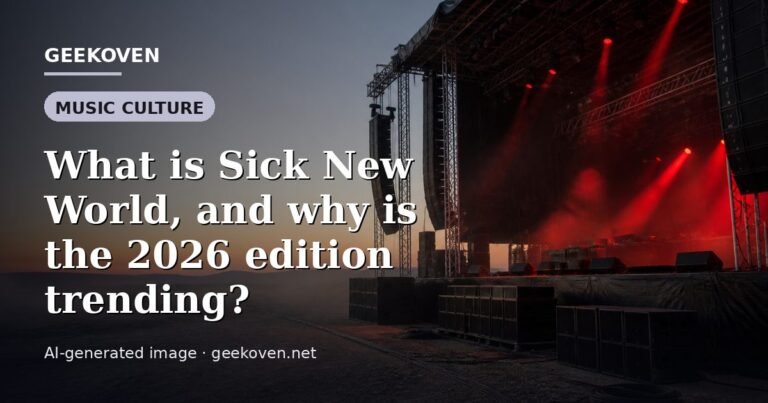 Illustration for the Music Culture article “What is Sick New World, and why is the 2026 edition trending?”: an AI-generated editorial illustration showing a scene illustrating the subject of the article, with the headline set over it. Illustrative only, not a photograph of a real event.