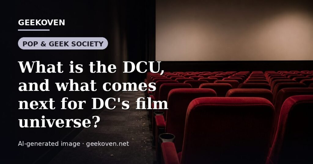 Illustration for the Pop & Geek Society article “What is the DCU, and what comes next for DC's film universe?”: an AI-generated editorial illustration showing a stadium crowd seen from high above, lights arranged in coordinated patterns, with the headline set over it. Illustrative only, not a photograph of a real event.